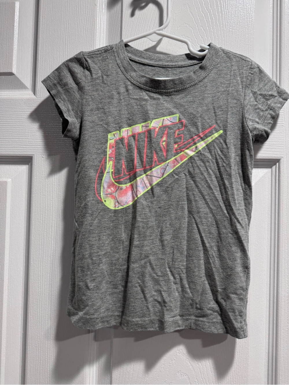 Nike Gray Tee with Neon Pink and Yellow Swoosh